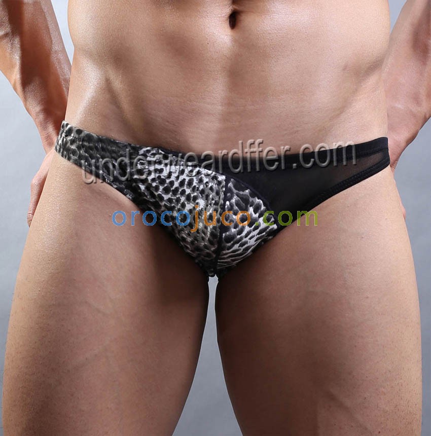 Fashion Men's Low-rise Leopard Splice See-through Mesh Pouch Briefs Underwear MU923