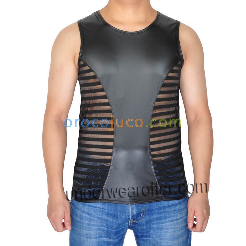 Sexy Men's Tee See-Through Striped Mesh Splice Leather Like Vest Cool Tank Top Original T-Shirts MU908