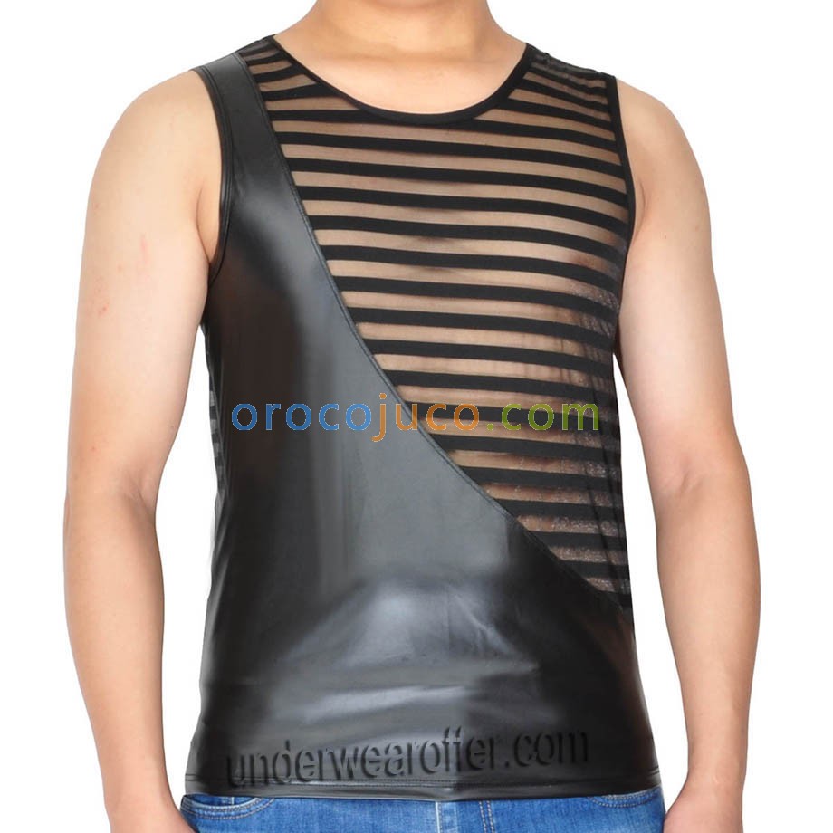 New Tee Men Leater Like & Stripe Transparent Mesh Vest Sleeveless T-Shirts MU906
