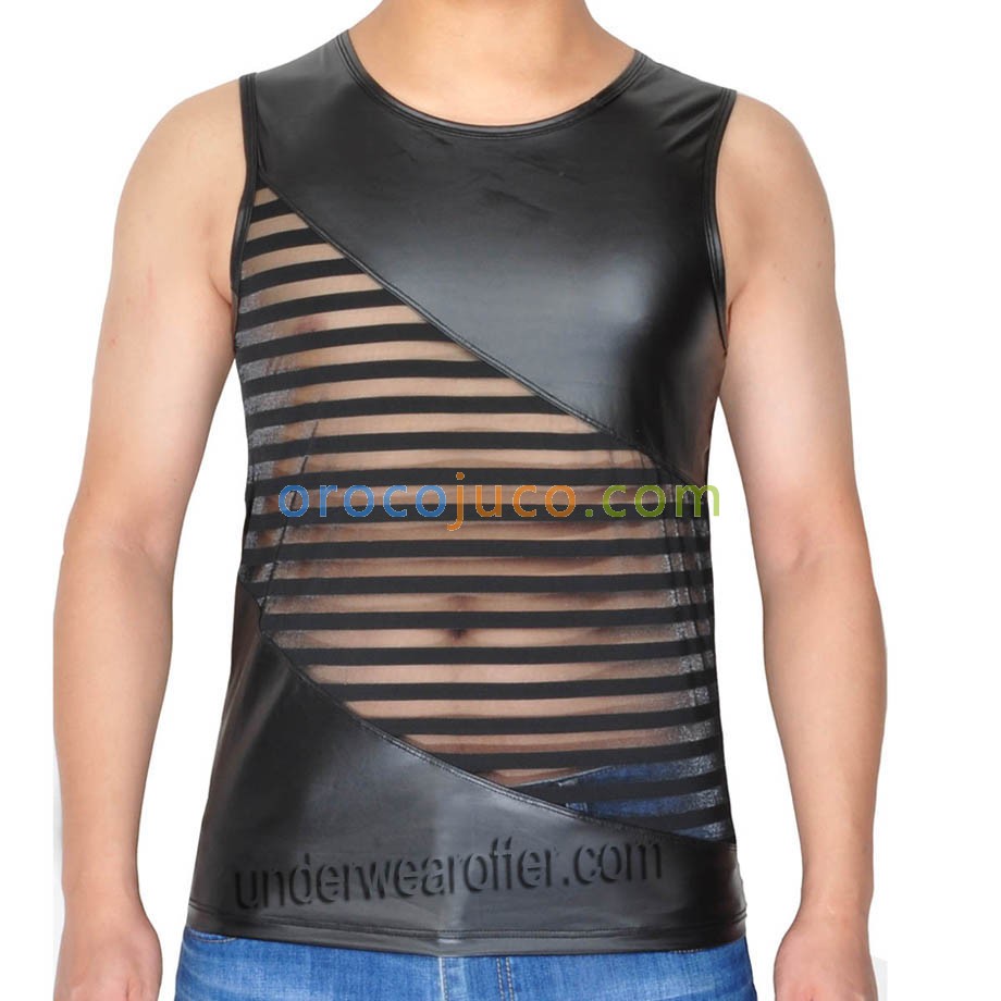 Avant Garde Sleeveless T-Shirts Men's Leater Like Striped Transparent Mesh Vest MU907