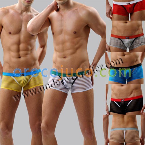 Sexy Men's See-through Brief Shorts Stripes Organza Bottoms Underwear Sheer Boxers Size S M L XL 7 Colors Offer MU1881