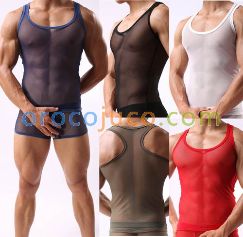 Super Sexy Men's See Through Soft Mesh V-neck Line T-Shirts Underwear Tank Top Vest Size M L XL MU344
