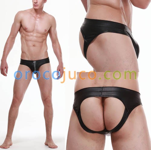 Men's Sexy Faux leather Underwear U-Brief Part Mesh Design Bikini Briefs G-String MU353 Size M L XL