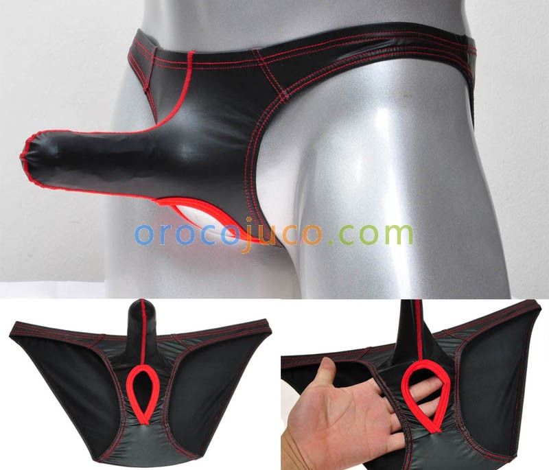 Men's Long Pouch Briefs Leather Like Underwear Nuts Out Brief Bikini Pants Ball Hole Shorts MU419
