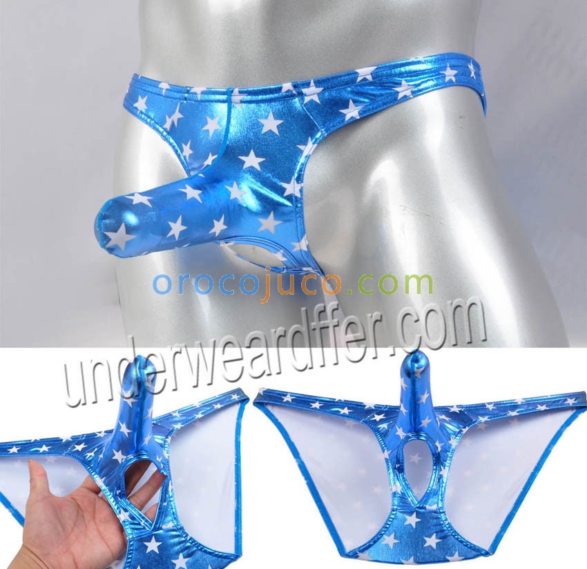 Men Shiny Stars Briefs Ball Hole Faux Underwear Long Pouch Bikini Nuts Out Brief MU427