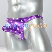 Men Shiny Stars T-Back Ball Hole Faux Underwear Long Pouch Bikini Nuts Out Thong MUX407