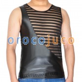 New Tee Men Leater Like & Stripe Transparent Mesh Vest Sleeveless T-Shirts MU906