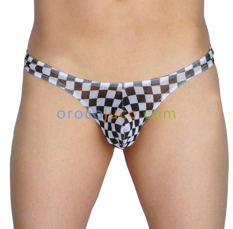 Men's Bulge Pouch T-back Plaid Tanga Underwear See-through Plaid Mesh Thongs MU214X