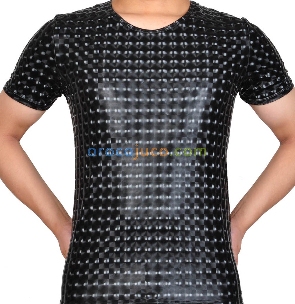 Plus Size Men Leather Like T-shirt 3D Plaid PU nderwear Sport Short Muscle Shirt MUS404