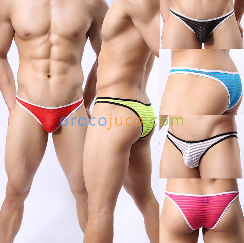 Update Men's Border Mesh Striped Briefs Spun Yarn Bikini Brief Underwear Pouch Mesh mini Pants MU1963