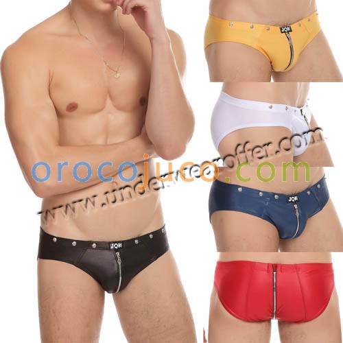 Sexy Men’s Imitation Ieather Bikini Boxer Briefs Zipper Underwear Tanga Briefs Size M~XL 5 Colors For Choose MU1108