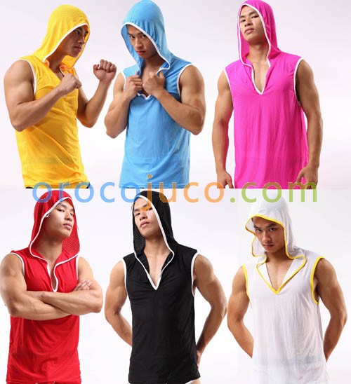 Fashion Sexy Men’s Soft Hooded Vest Sports Underwear Breath Holes Tank Top Vest With Hat Asia Size M L XL 6 Colors MU1942