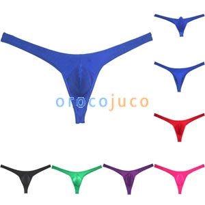 Men's Glossy Thong Underwear Stretchy Ice Silk T-back Hipster Enhance Pouch Tangas