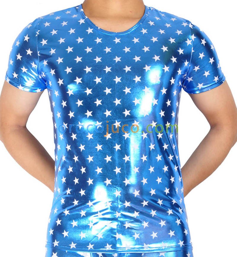 Men Star Pattern Short Shirt Show Top Casual Wear Leather Like T-Shirt Underwear MU404