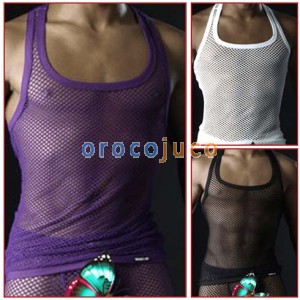 Camiseta sin mangas larga atractiva MU77 de la ropa interior de la malla de los hombres