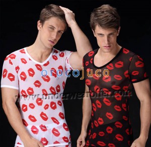Ropa interior colorida de los hombres super sexy ver a través de camisetas de malla suave talla L XL XXL MU957