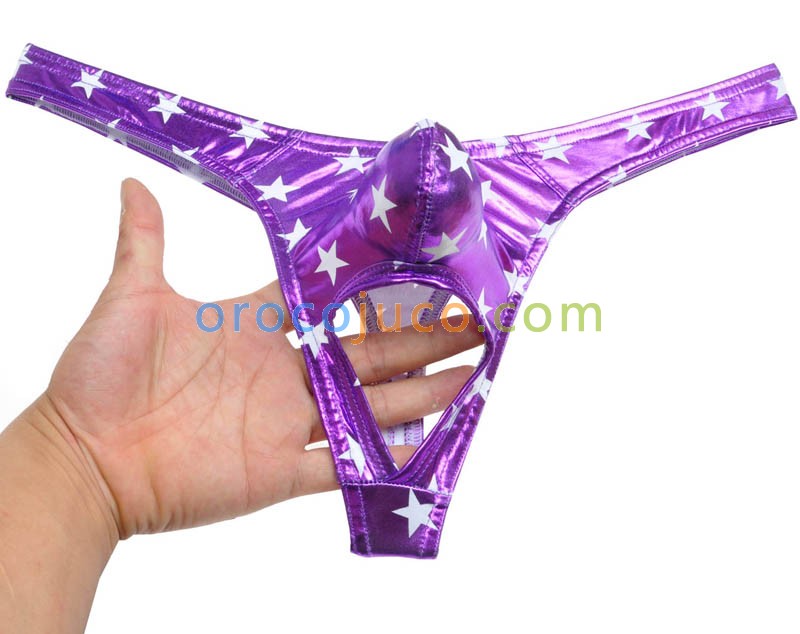 Sexy Men Ball Hole Faux Pouch Underwear Shiny Star T-Back Nuts Out Bikini Thong Pants MUX408