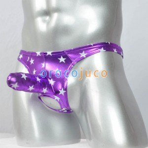 Men Shiny Stars T-Back Ball Hole Faux Intimo Long Pouch Bikini Nuts Out Thong MUX407