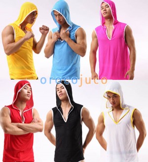 Fashion Sexy Men’s Soft Hooded Vest Sports Underwear Breath Holes Tank Top Vest With Hat Asia Size M L XL 6 Colors MU1942