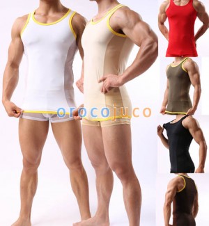T-Shirt da uomo Super Smooth Sexy Splice See Through Mesh Tank Top T-Shirt Vest Taglia M L XL MU352